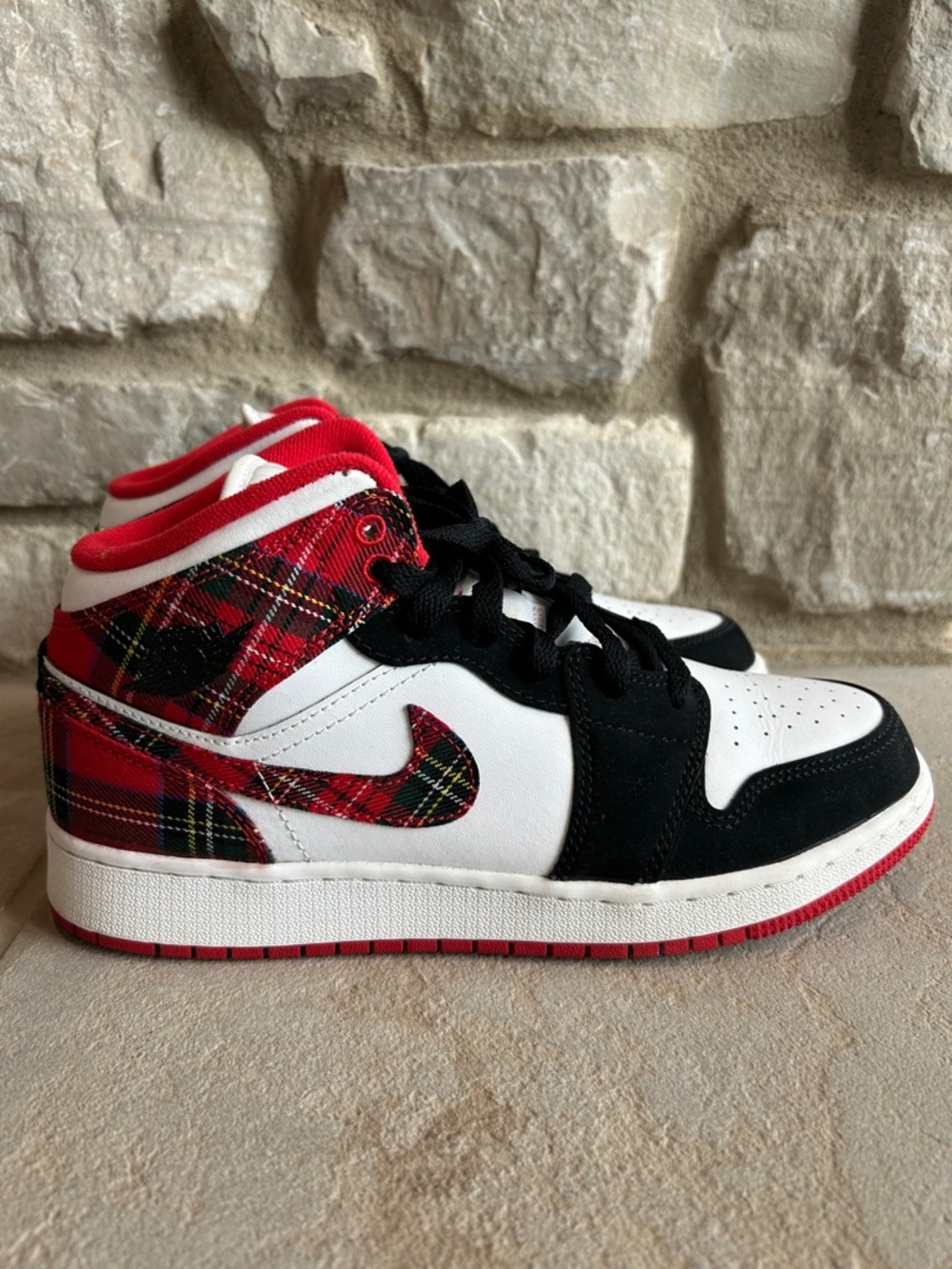 Air Jordan 1 Mid Nike Kids Red Plaid and Black High-Top Sneakers